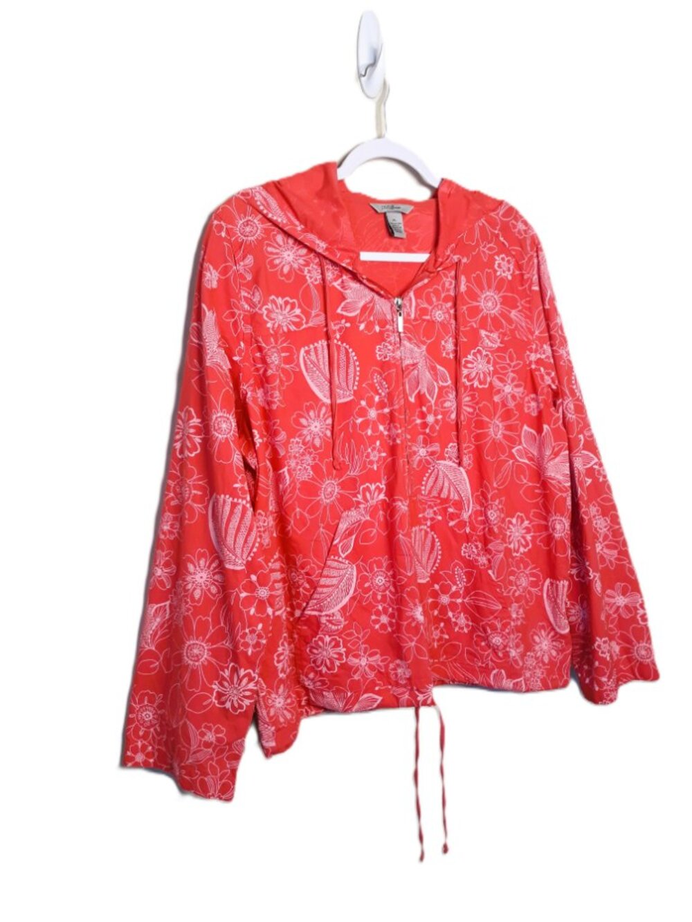 Coral Floral Cotton Zip-Up Jacket with Hood Lightweight - Picture 2 of 8
